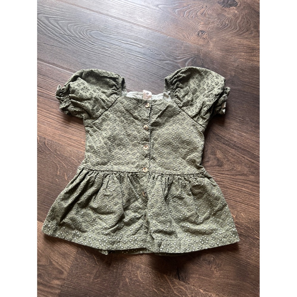 Kate Quinn Girls  Green Organic Cotton Eyelet Lace Puff‎ Sleeve Peplum Top 5Y